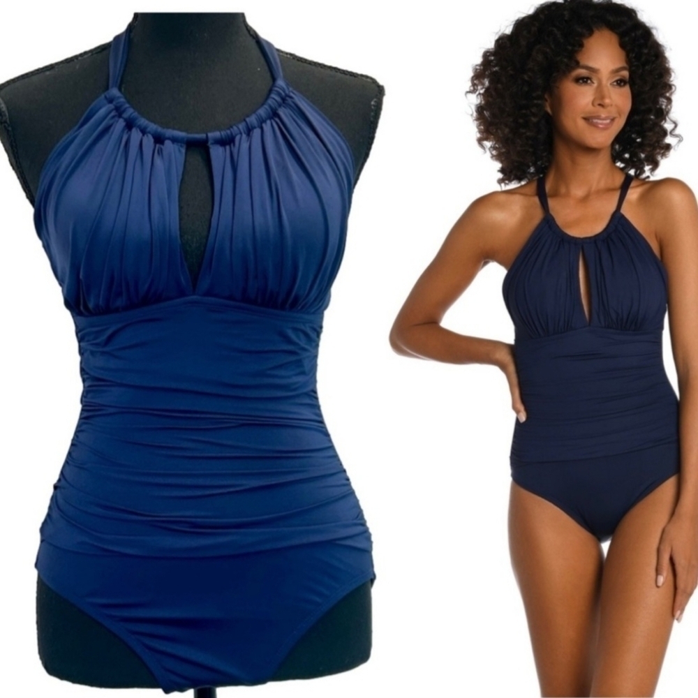 Kenneth Cole Dark Navy Blue Keyhole Halter Top Ruched One Piece Swimsuit Medium